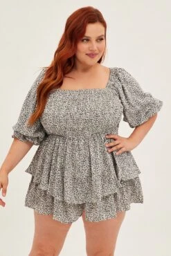 White Ditsy Short Playsuit Puff Sleeve Double Layer