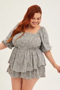 White Ditsy Short Playsuit Puff Sleeve Double Layer -You And All Fashion Store cdp1579a 35ab ditsy 3