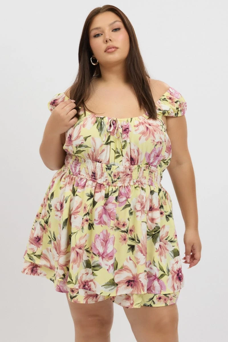 Yellow Floral Ruffle Playsuit Short Sleeve Ruched Bust 1 Yellow Floral Ruffle Playsuit Short Sleeve Ruched Bust