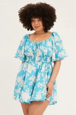 Floral Print Short Sleeve Shadow Gathered Bust Playsuit