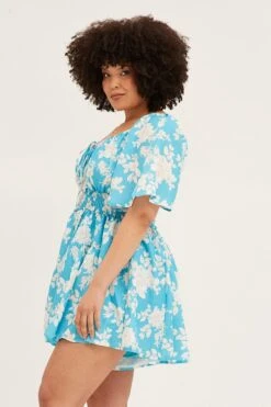 Floral Print Short Sleeve Shadow Gathered Bust Playsuit -You And All Fashion Store cdp17194e 35r floral prt 4