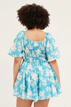 Floral Print Short Sleeve Shadow Gathered Bust Playsuit -You And All Fashion Store cdp17194e 35r floral prt 5