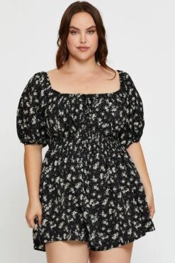 Floral Print Tie Front Playsuit Scoop Neck Puff Sleeve