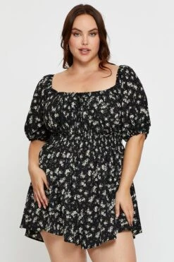 Floral Print Tie Front Playsuit Scoop Neck Puff Sleeve -You And All Fashion Store cdp17671b 34l floral prt 3