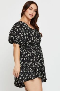 Floral Print Tie Front Playsuit Scoop Neck Puff Sleeve -You And All Fashion Store cdp17671b 34l floral prt 4