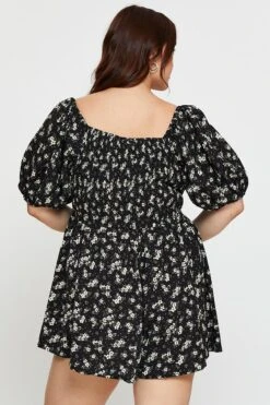 Floral Print Tie Front Playsuit Scoop Neck Puff Sleeve -You And All Fashion Store cdp17671b 34l floral prt 5