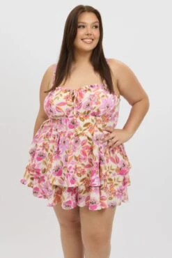 Multi Floral Playsuit Sleeveless Ruched Bust