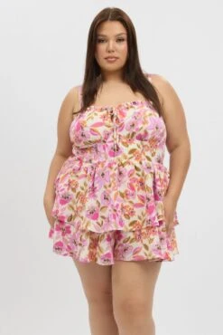 Multi Floral Playsuit Sleeveless Ruched Bust -You And All Fashion Store cdp18592h 35rb floral 3