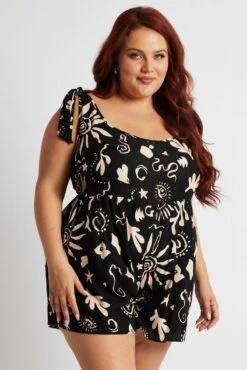 Black Abstract Playsuit Sleeveless Linen Blend -You And All Fashion Store cdp1922 35rb abstract 3