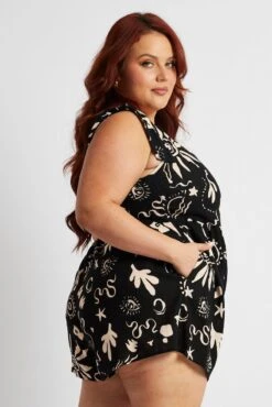 Black Abstract Playsuit Sleeveless Linen Blend -You And All Fashion Store cdp1922 35rb abstract 4