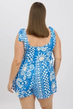 Blue Abstract Playsuit Sleeveless Linen Blend -You And All Fashion Store cdp1922k 35rb abstract 5