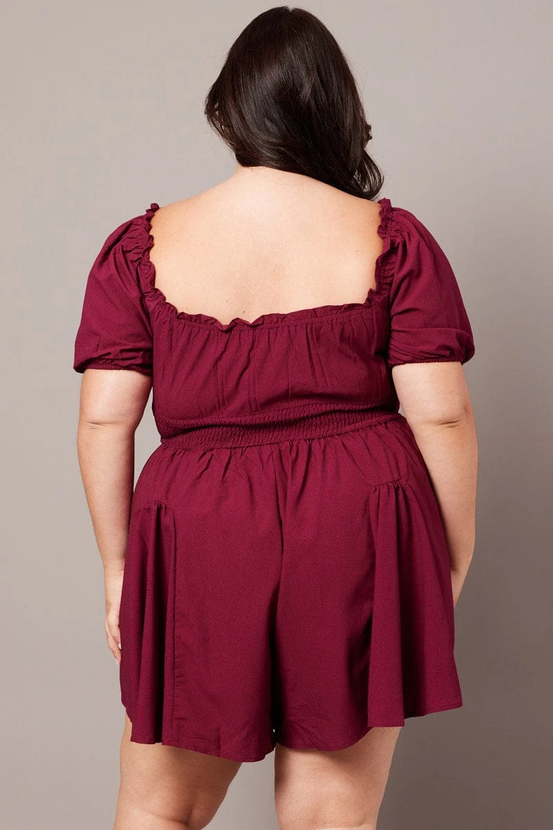 Red Ruched Playsuit Short Sleeve 5 Red Ruched Playsuit Short Sleeve - Image 5