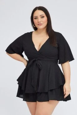 Black Ruffle Playsuit Short Sleeve Wrap Front