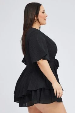 Black Ruffle Playsuit Short Sleeve Wrap Front -You And All Fashion Store cdp22044k 81rb black 4