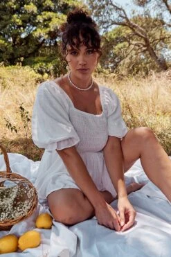 White Shirred Playsuit Short Sleeve Square Neck