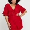 Red Playsuit V-neck Short Sleeve Ruffle Hem