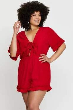 Red Playsuit V-neck Short Sleeve Ruffle Hem -You And All Fashion Store cdp25249 35lb red 3 1