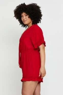 Red Playsuit V-neck Short Sleeve Ruffle Hem -You And All Fashion Store cdp25249 35lb red 4 1