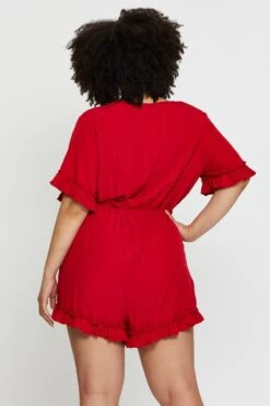 Red Playsuit V-neck Short Sleeve Ruffle Hem -You And All Fashion Store cdp25249 35lb red 5 1