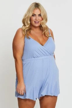 Blue Sleeveless Wrap Top Textured Jersey Playsuit