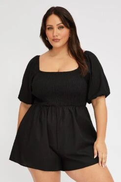 Black Shirred Bodice Playsuit Puff Sleeves