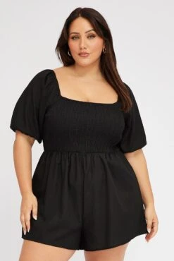 Black Shirred Bodice Playsuit Puff Sleeves -You And All Fashion Store cdp25461a 35ab black 3