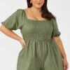 Green Shirred Bodice Playsuit Puff Sleeves