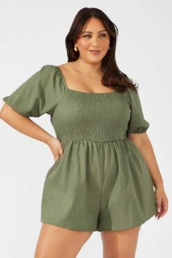 Green Shirred Bodice Playsuit Puff Sleeves