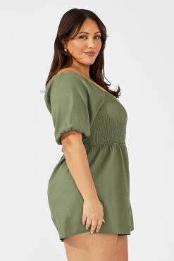 Green Shirred Bodice Playsuit Puff Sleeves -You And All Fashion Store cdp25461c 35ab khaki 4