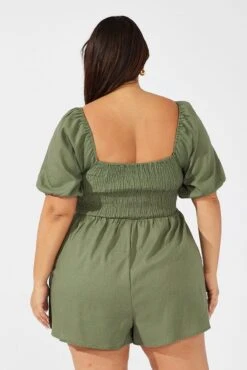 Green Shirred Bodice Playsuit Puff Sleeves -You And All Fashion Store cdp25461c 35ab khaki 5