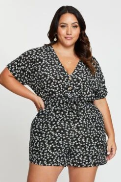 Floral Print Playsuit V-neck Short Sleeve -You And All Fashion Store cdp25462a 35lb floral prt 1 2