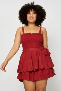 Red Tie Playsuit Square Neck Sleeveless -You And All Fashion Store cdp25463 81lb wine 3 1 1