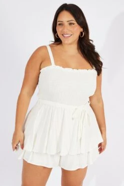 White Shirred Bodice Playsuit Frill Shorts Tie Waist -You And All Fashion Store cdp25463b 81ab white 3