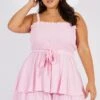 Pink Shirred Bodice Playsuit Frill Shorts Tie Waist
