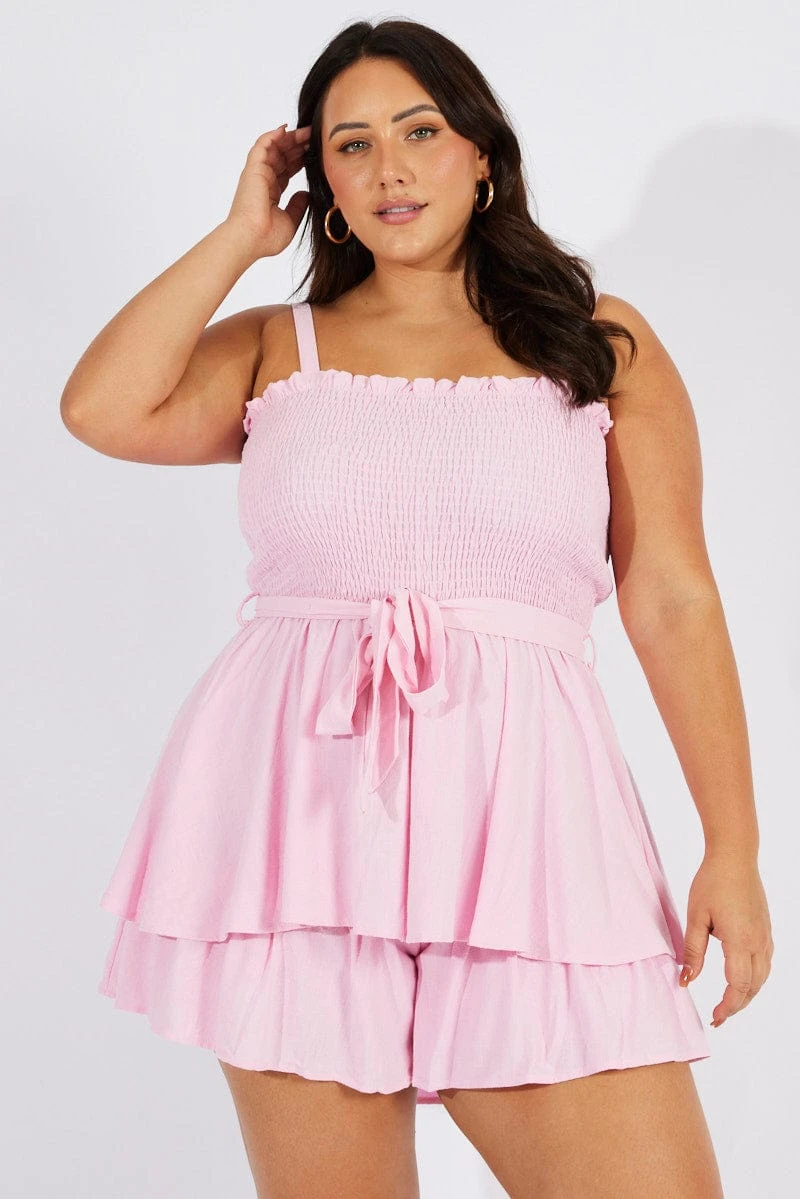 Pink Shirred Bodice Playsuit Frill Shorts Tie Waist 1 Pink Shirred Bodice Playsuit Frill Shorts Tie Waist