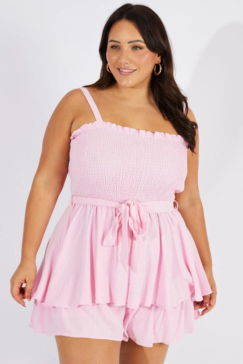 Pink Shirred Bodice Playsuit Frill Shorts Tie Waist 3 Pink Shirred Bodice Playsuit Frill Shorts Tie Waist - Image 3