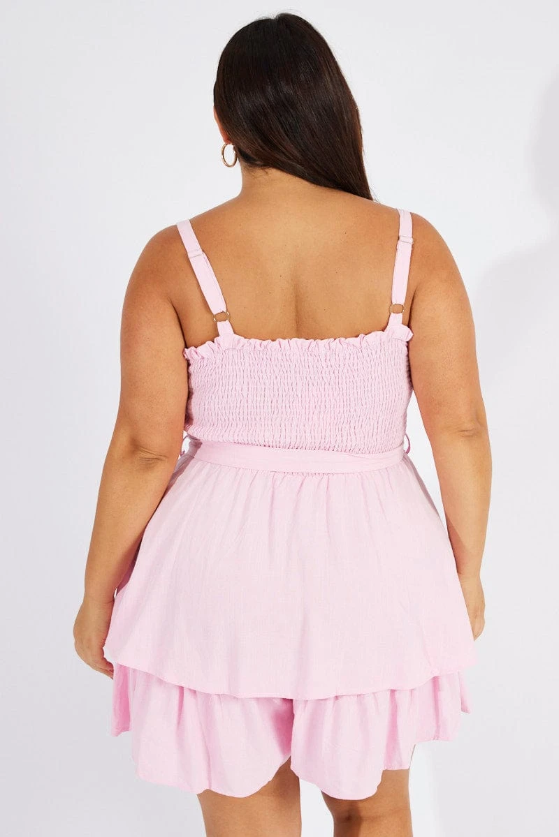 Pink Shirred Bodice Playsuit Frill Shorts Tie Waist 5 Pink Shirred Bodice Playsuit Frill Shorts Tie Waist - Image 5