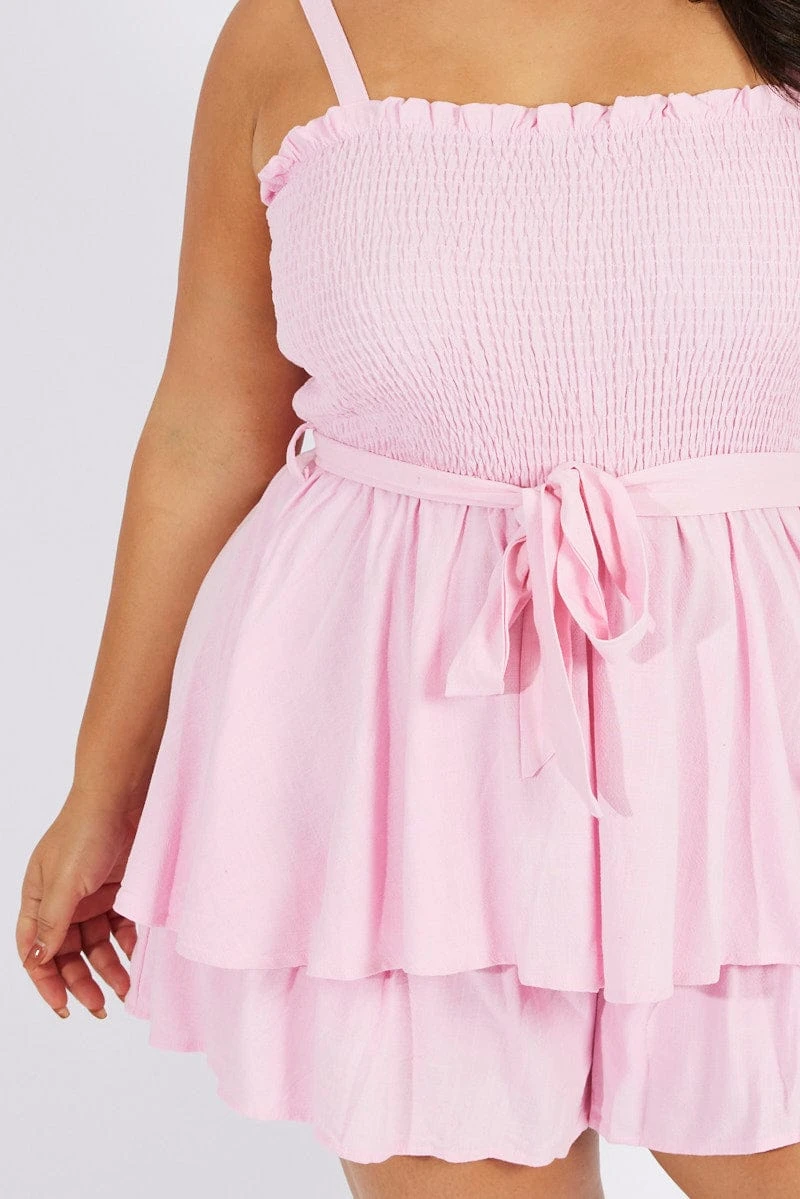 Pink Shirred Bodice Playsuit Frill Shorts Tie Waist 6 Pink Shirred Bodice Playsuit Frill Shorts Tie Waist - Image 6