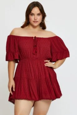 Red Playsuit Off Shoulder Short Sleeve Tie Front -You And All Fashion Store cdp25471 81lb wine 3