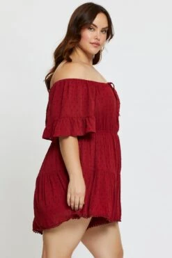Red Playsuit Off Shoulder Short Sleeve Tie Front -You And All Fashion Store cdp25471 81lb wine 4