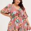 Trop Print Playsuit V-neck Short Sleeve