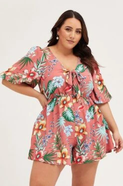 Trop Print Playsuit V-neck Short Sleeve
