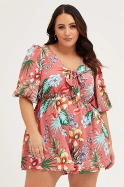 Trop Print Playsuit V-neck Short Sleeve -You And All Fashion Store cdp25746 35ab trop prt 3