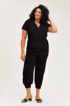 Black Jumpsuit V-neck Short Sleeve Waist Tie -You And All Fashion Store cdp25852 36ab black 3