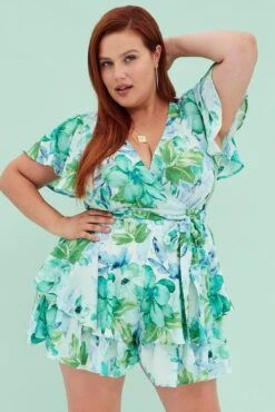 Floral Ruffle Playsuit Short Sleeve V-neck
