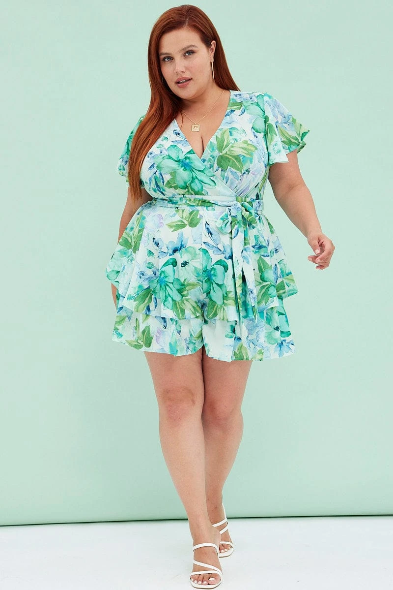 Floral Ruffle Playsuit Short Sleeve V-neck 2 Floral Ruffle Playsuit Short Sleeve V-neck - Image 2