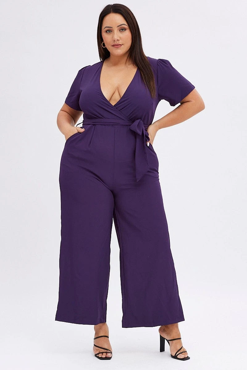 Purple Wideleg Jumpsuit Short Sleeve Wrapover Front 2 Purple Wideleg Jumpsuit Short Sleeve Wrapover Front - Image 2