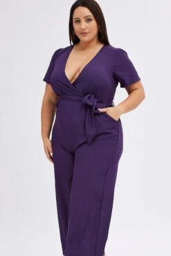 Purple Wideleg Jumpsuit Short Sleeve Wrapover Front 9 Purple Wideleg Jumpsuit Short Sleeve Wrapover Front -You And All Fashion Store cdp31974 47ab plum 3