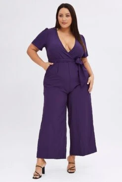Purple Wideleg Jumpsuit Short Sleeve Wrapover Front 10 Purple Wideleg Jumpsuit Short Sleeve Wrapover Front -You And All Fashion Store cdp31974 47ab plum 4
