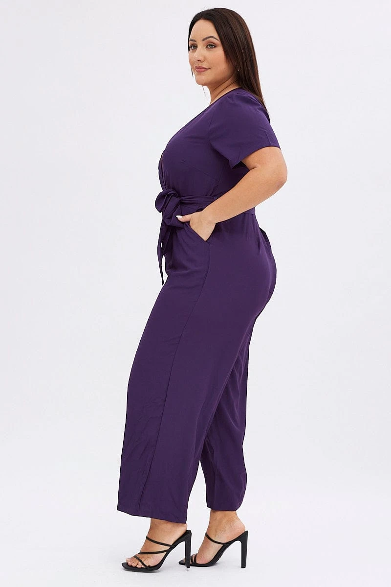 Purple Wideleg Jumpsuit Short Sleeve Wrapover Front 5 Purple Wideleg Jumpsuit Short Sleeve Wrapover Front - Image 5